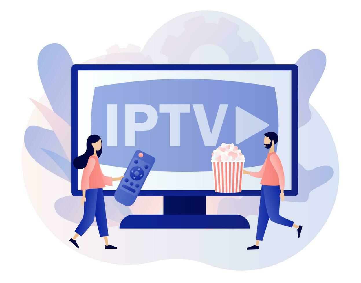 iptv concept. internet protocol televisie. klein mensen kijk maar digitaal media TV stroom met popcorn. slim multimedia technologie. modern vlak tekenfilm stijl. vector illustratie Aan wit achtergrond