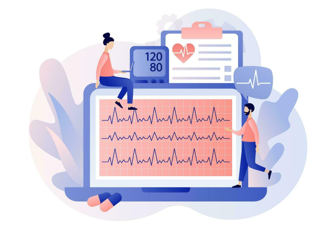 cardiologie behandeling en controle. kardiogram online Aan laptop. hart Gezondheid en ziekte. bloed druk, pulse tarief en cholesterol. medisch concept. modern vlak tekenfilm stijl. vector illustrationn