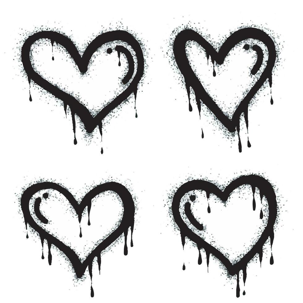 reeks van graffiti harten tekens verstuiven geschilderd in zwart Aan wit. liefde hart laten vallen symbool. geïsoleerd Aan wit achtergrond. vector illustratie
