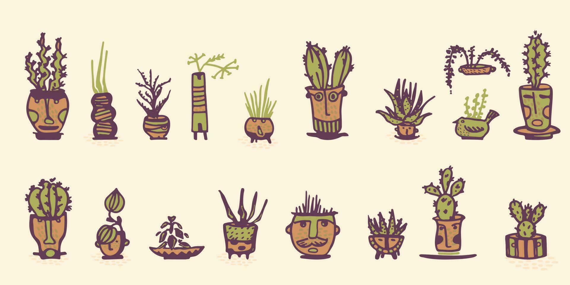 keramisch potten met cactus grappig gezichten. verschillend tekening emoties karakters. fabriek keramiek. pottenbakkerij vazen modieus concept. tekenfilm stijl. hand- getrokken illustratie geïsoleerd Aan wit achtergrond vector reeks