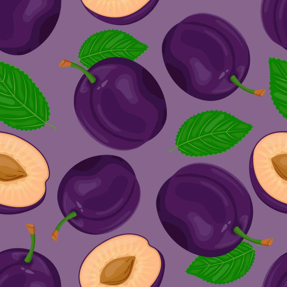 naadloos patroon van geheel pruimen en helften, groen bladeren. rijp bessen. fruit plukken. vector illustratie in een vlak stijl voor menu ontwerp, recepten.