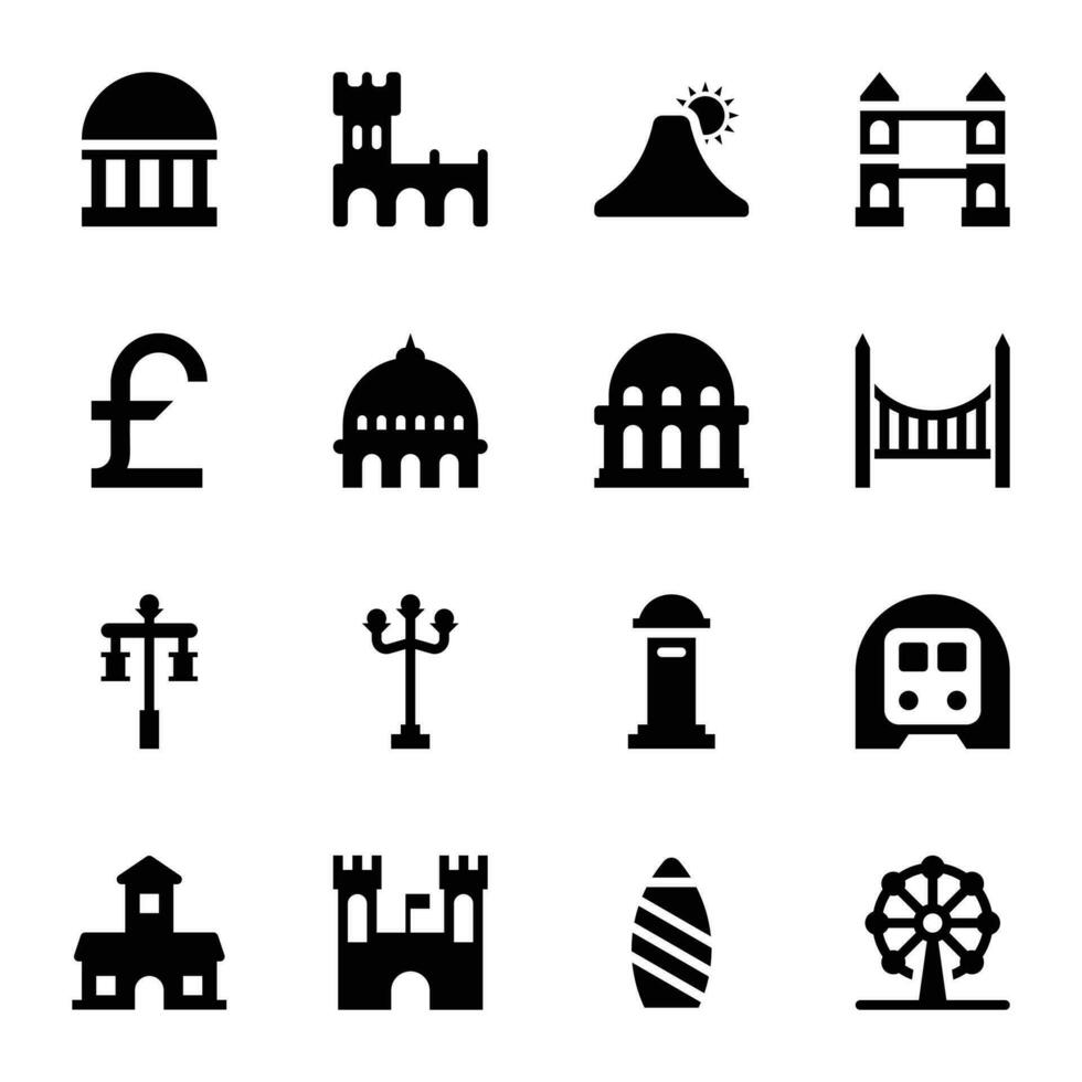 Londen plaatsen en oriëntatiepunten glyph pictogrammen reeks vector