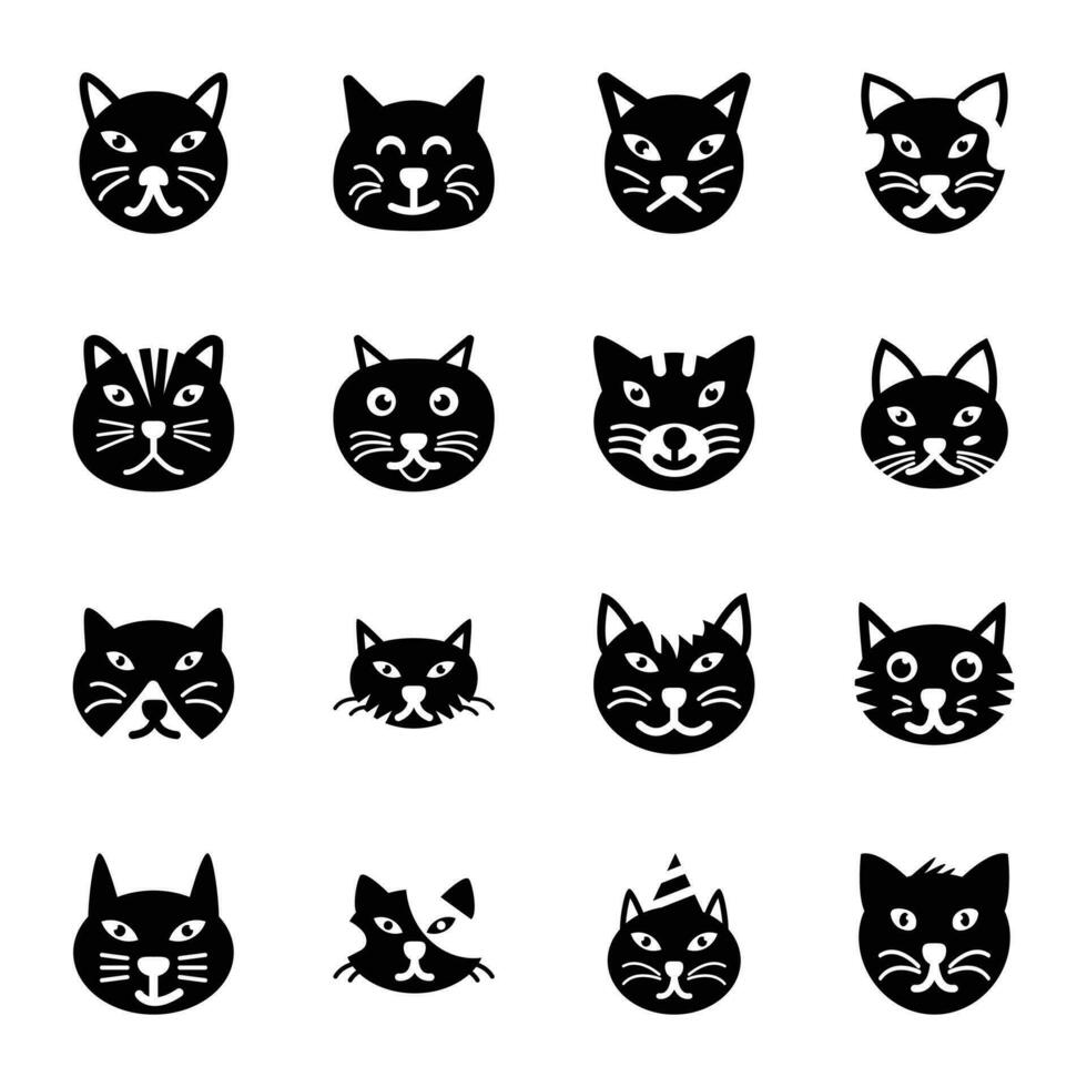 schattig katten solide pictogrammen vector