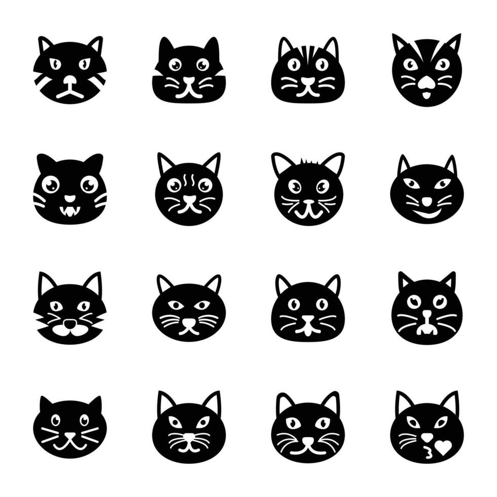 schattig katten solide pictogrammen vector