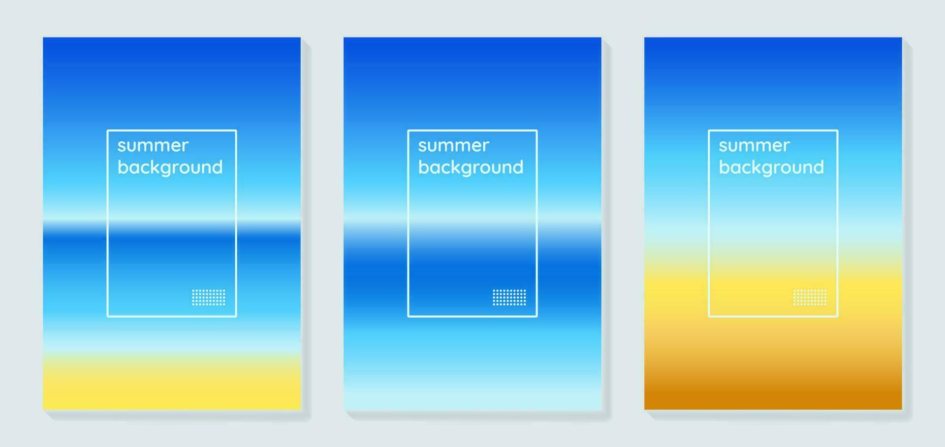 zomer achtergronden set. dekt, posters of banners sjabloon ontwerp met helling in zomer kleuren. oceaan horizon, gouden zonnig zee strand. vector