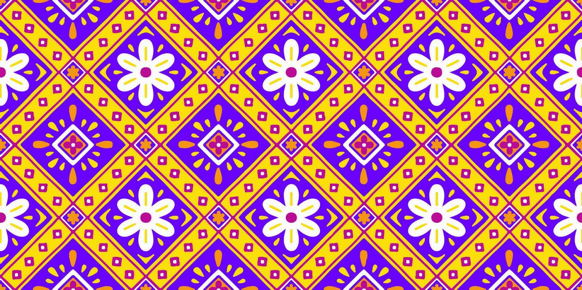 etnisch abstract achtergrond schattig geel paars madeliefje bloem meetkundig tribal volk motief oosters inheems patroon traditioneel ontwerp tapijt behang kleding kleding stof omhulsel afdrukken batik volk vector