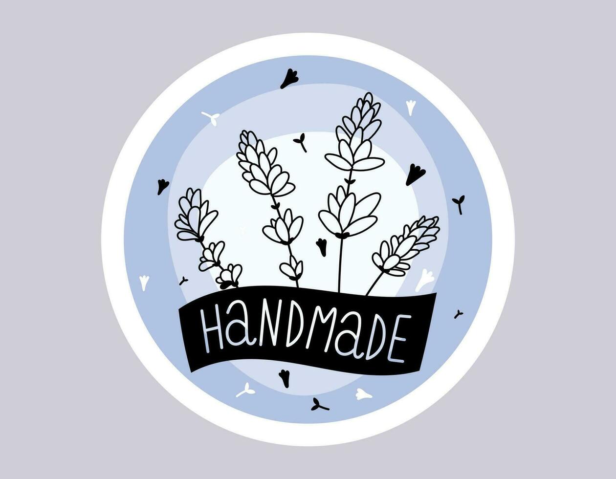 vector geïsoleerd ronde sticker of label. handgeschreven belettering tekst handgemaakt en lavendel of lila takken met bloemen.