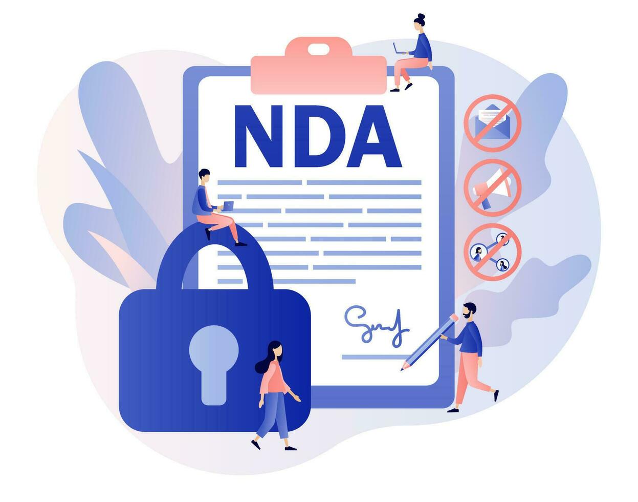 nda contract. niet openbaarmaking overeenkomst. klein mensen teken vertrouwelijkheid overeenkomst document. zakelijke geheim bescherming. modern vlak tekenfilm stijl. vector illustratie Aan wit achtergrond