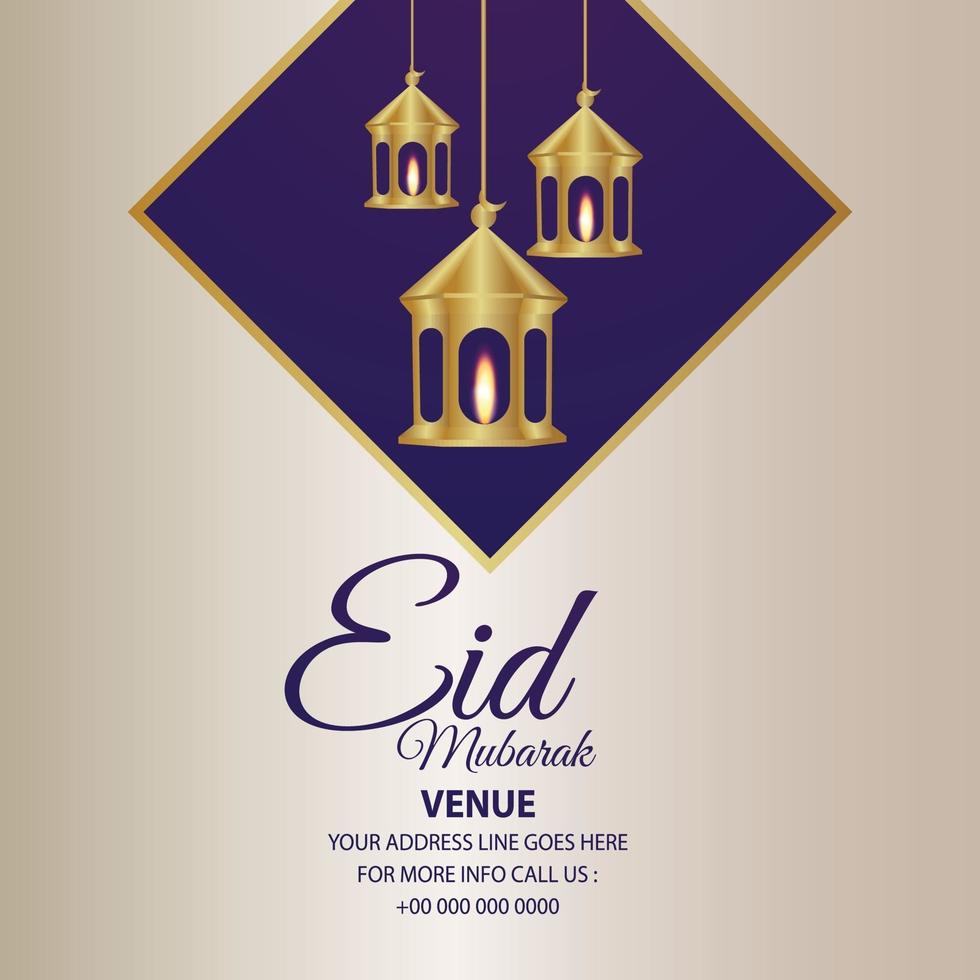 eid Mubarak islamitische festival wenskaart met realistische gouden lantaarn vector