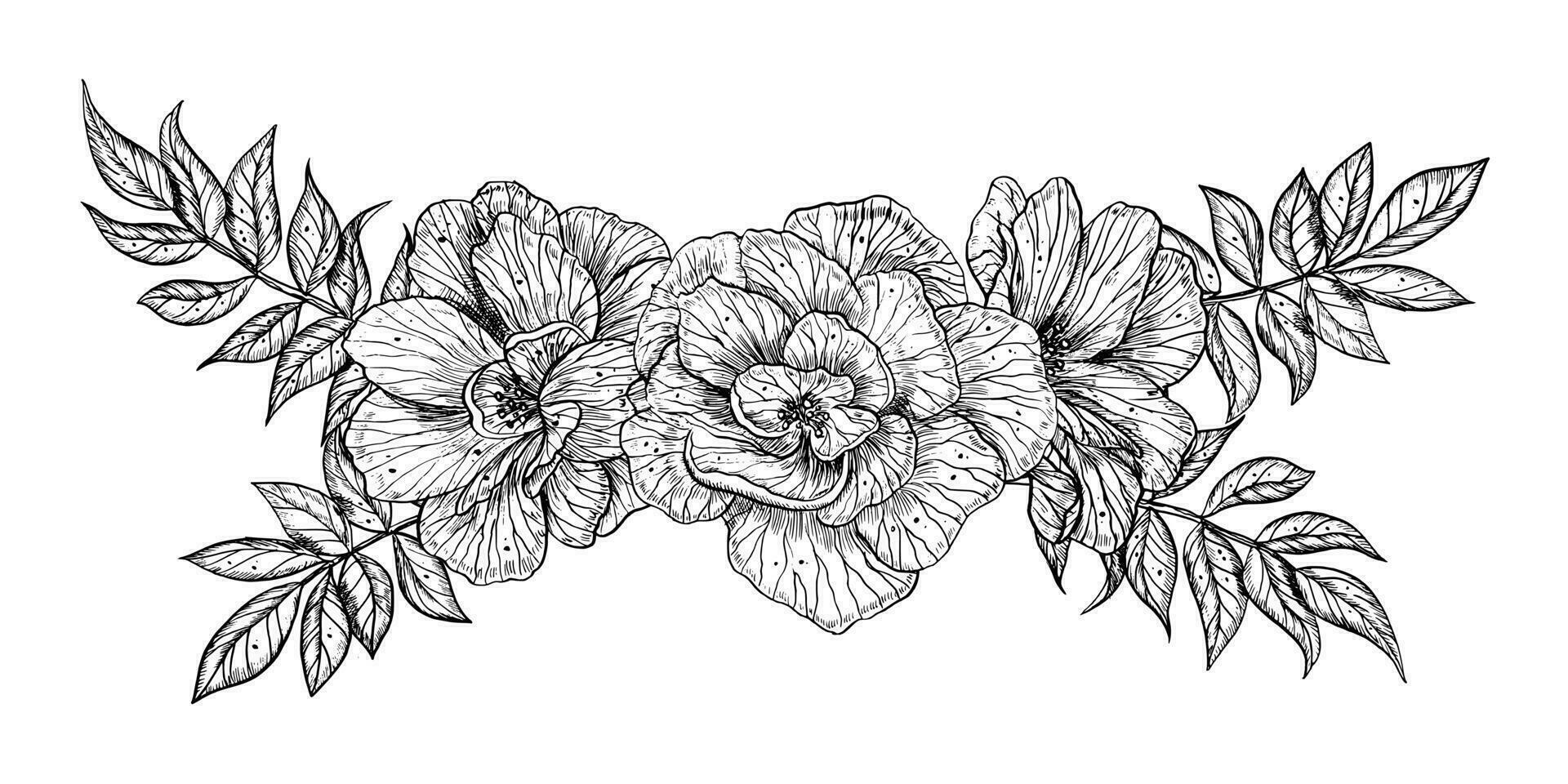 boeket van roos bloemen. hand- getrokken vector illustratie Aan geïsoleerd achtergrond in schets stijl. bloemen grafisch tekening voor groet kaarten of bruiloft uitnodigingen. gravure geschilderd door zwart inkten