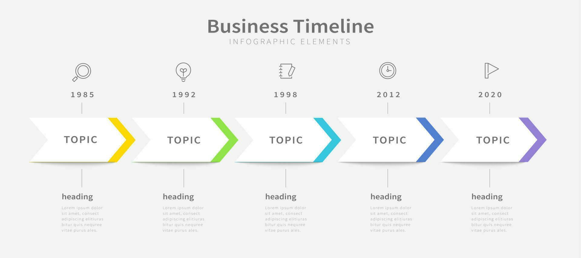 bedrijf tijdlijn infographic ontwerp, vijf papier pijlen geplaatst in horizontaal rij met pictogrammen Aan top. vector