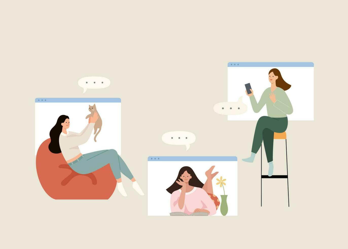 vlak illustratie van Dames maken video telefoontje terwijl aan het doen verschillend activiteiten Bij huis. vector