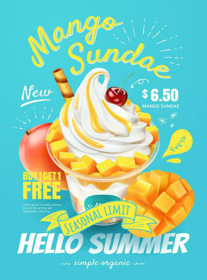 heerlijk mango ijscoupe poster advertenties met vers fruit in 3d illustratie vector