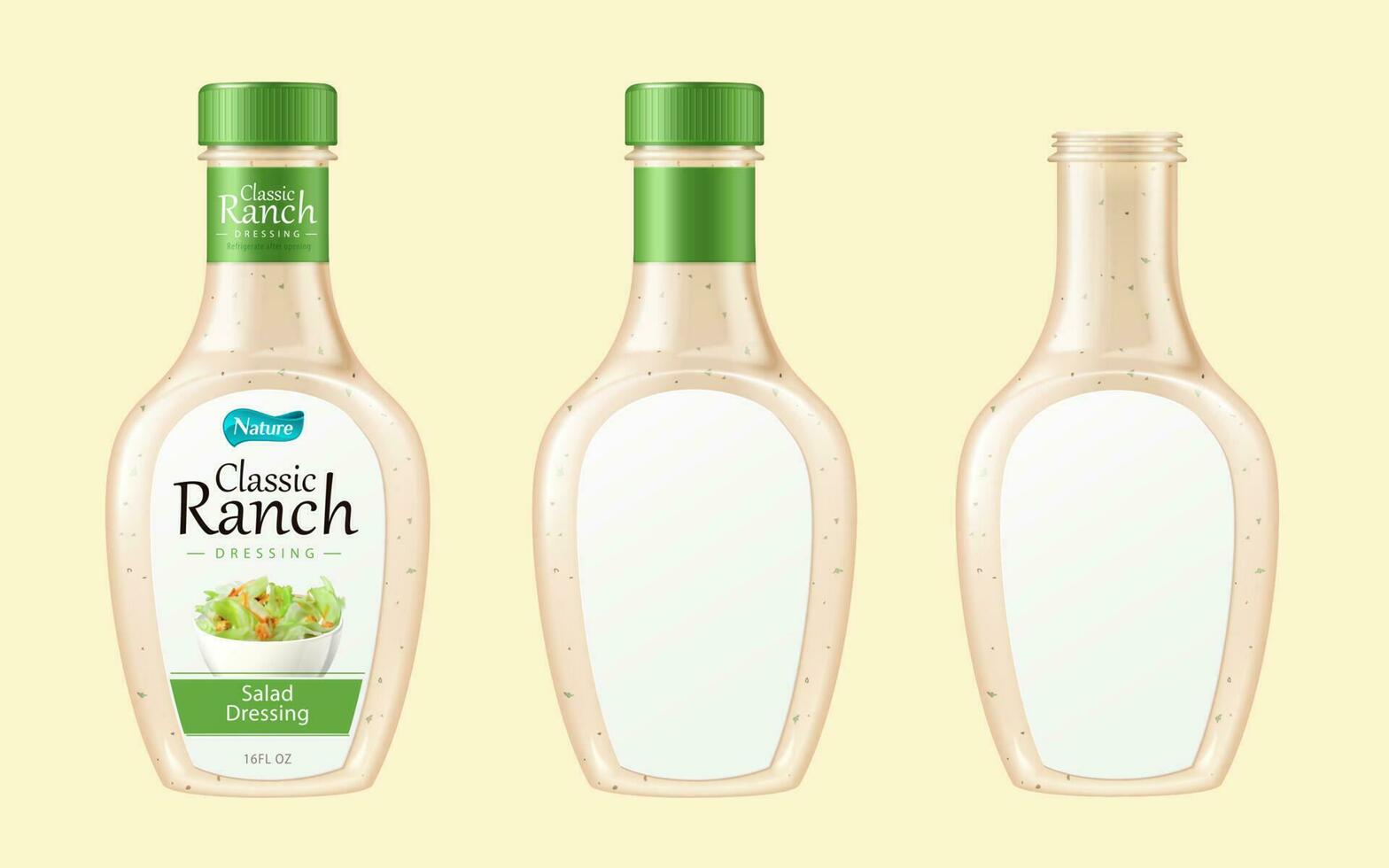 3d illustratie van salade dressing fles set, geïsoleerd Aan licht geel achtergrond vector