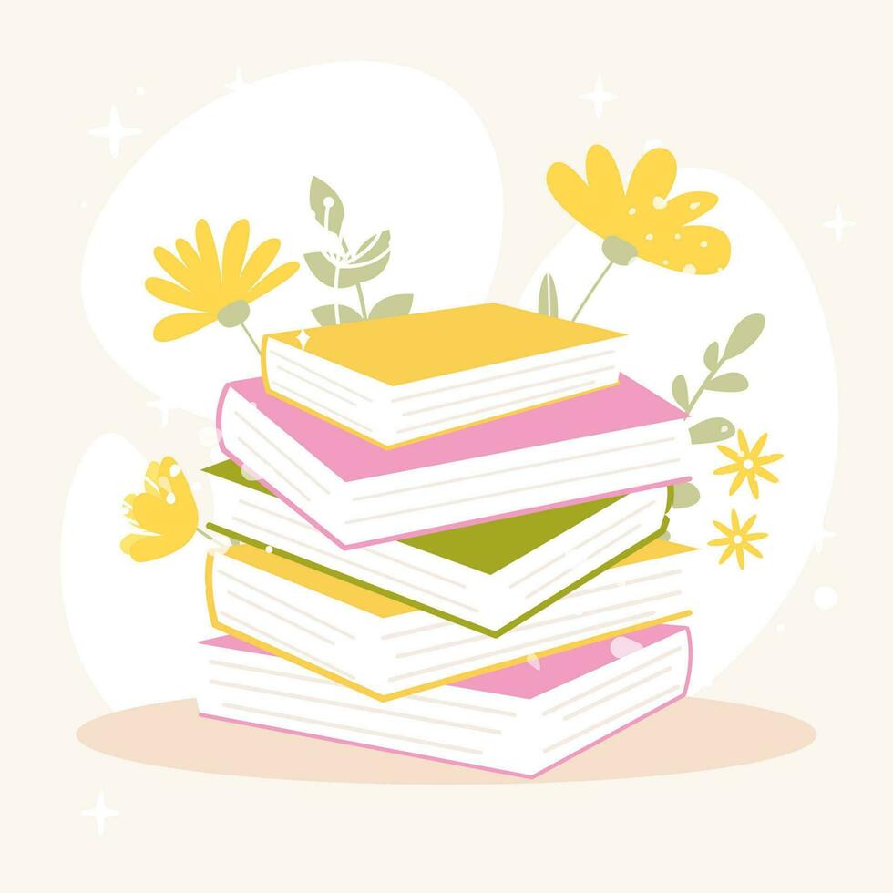 stack van kleurrijk boeken met bloemen en bladeren Aan achtergrond. hand- getrokken vector illustratie in vlak tekenfilm stijl. wereld boek dag. lezing en onderwijs concept