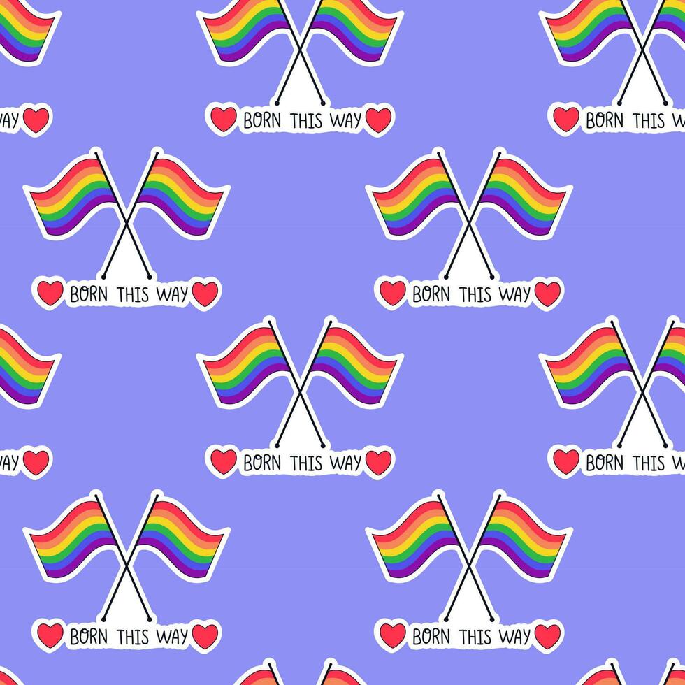 lgbtq naadloos patroon met regenboog vlaggen Aan paars achtergrond in vlak vector stijl. geboren deze manier. lgbt trots gemeenschap maand