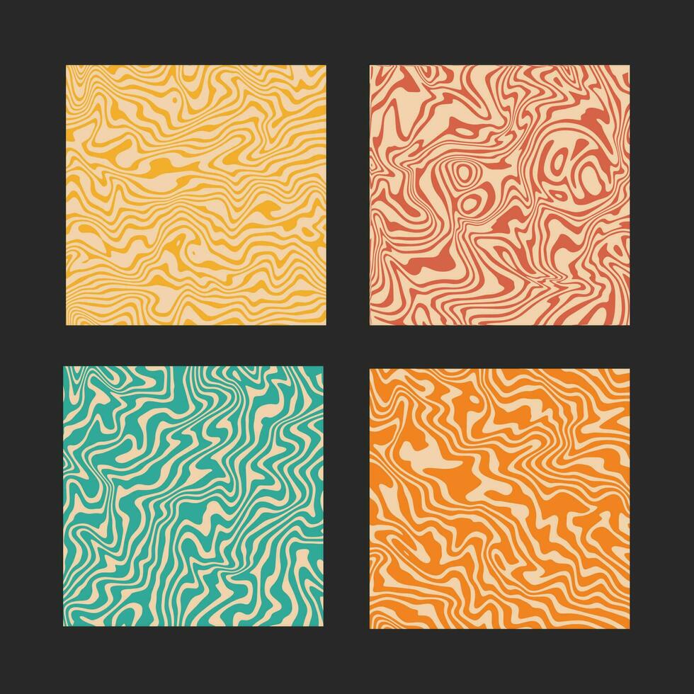groovy retro achtergronden set. golvend trippy post sjabloon in psychedelisch kleuren. koel funky patronen. esthetisch y2k vector ontwerp. abstract kolken texturen in 60-70 stijl
