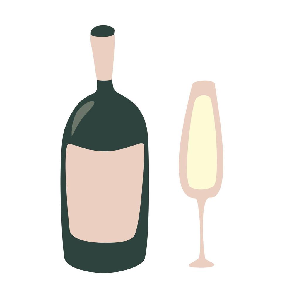 glas champagne en fles. proost. viering. vakantie toast geïsoleerde platte illustratie op een witte achtergrond vector