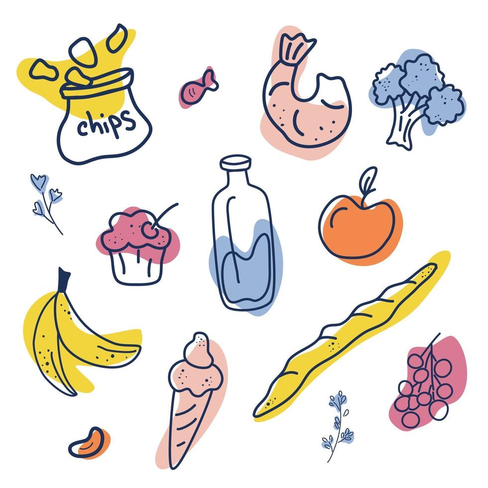 voedsel hand getekend vectorillustratie. natuurlijk en biologisch voedsel dat op wit wordt geïsoleerd. patat, melk, ijs, cake, bananen, garnalen, stokbrood, broccoli en appel vector