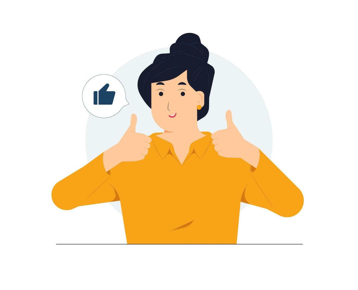 Leuk vinden hand- teken, openbaar goedkeuring, OK, feedback, mee eens zijn, steun, vreugde, vrouw goedkeuren en tonen duimen omhoog met beide handen glimlachen en gelukkig voor succes concept illustratie vector