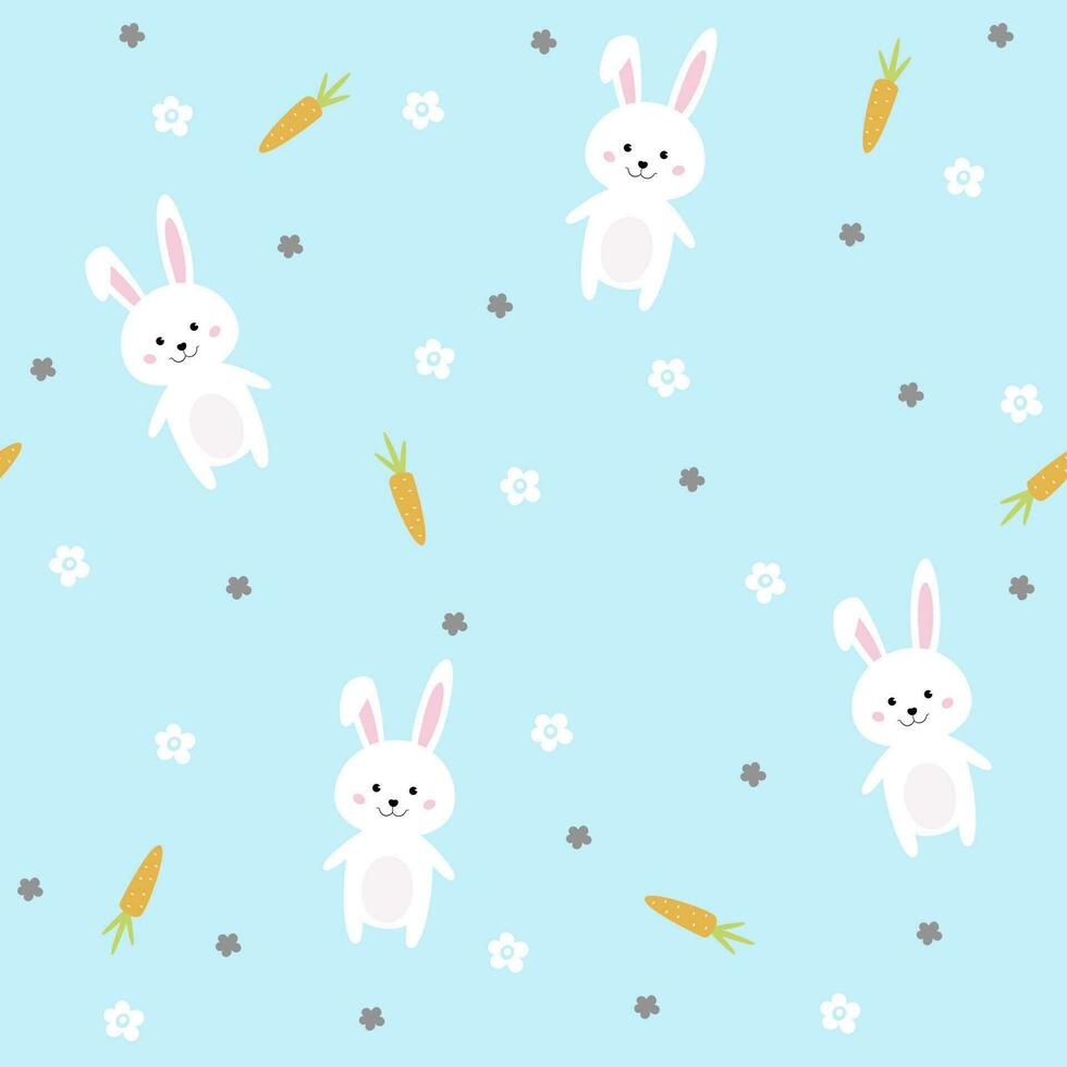 Pasen naadloos patroon met bloemen, konijn en wortels. perfect voor behang, geschenk papier, patroon vult, web bladzijde achtergrond, voorjaar en Pasen groet kaarten vector