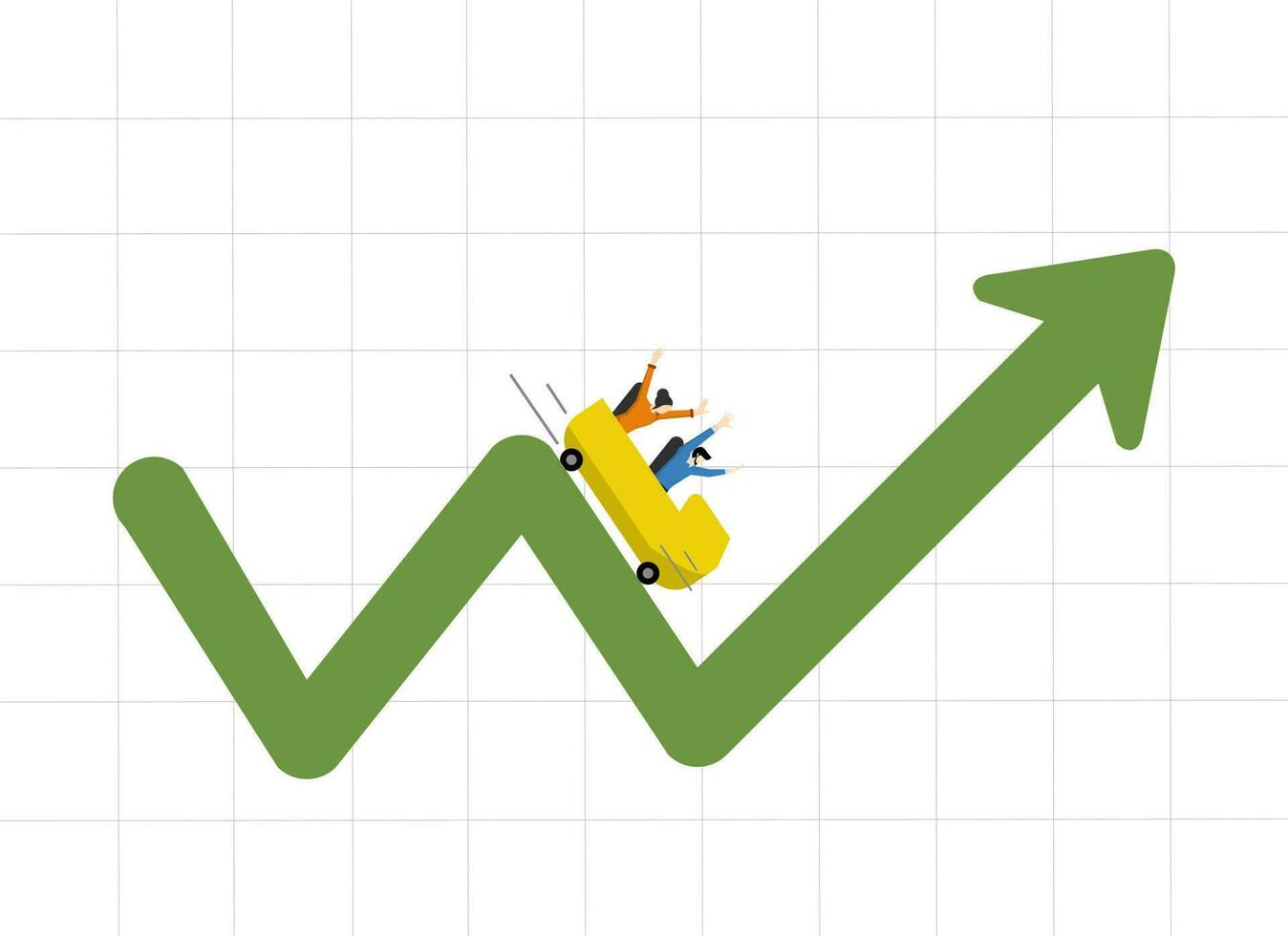 financieel voorraad markt schommelingen omhoog en naar beneden concept, metafoor van investering beweeglijkheid rol kustvaarder rijden, investeerders mensen rijden rol kustvaarder Aan fluctuerend markt grafiek. vector