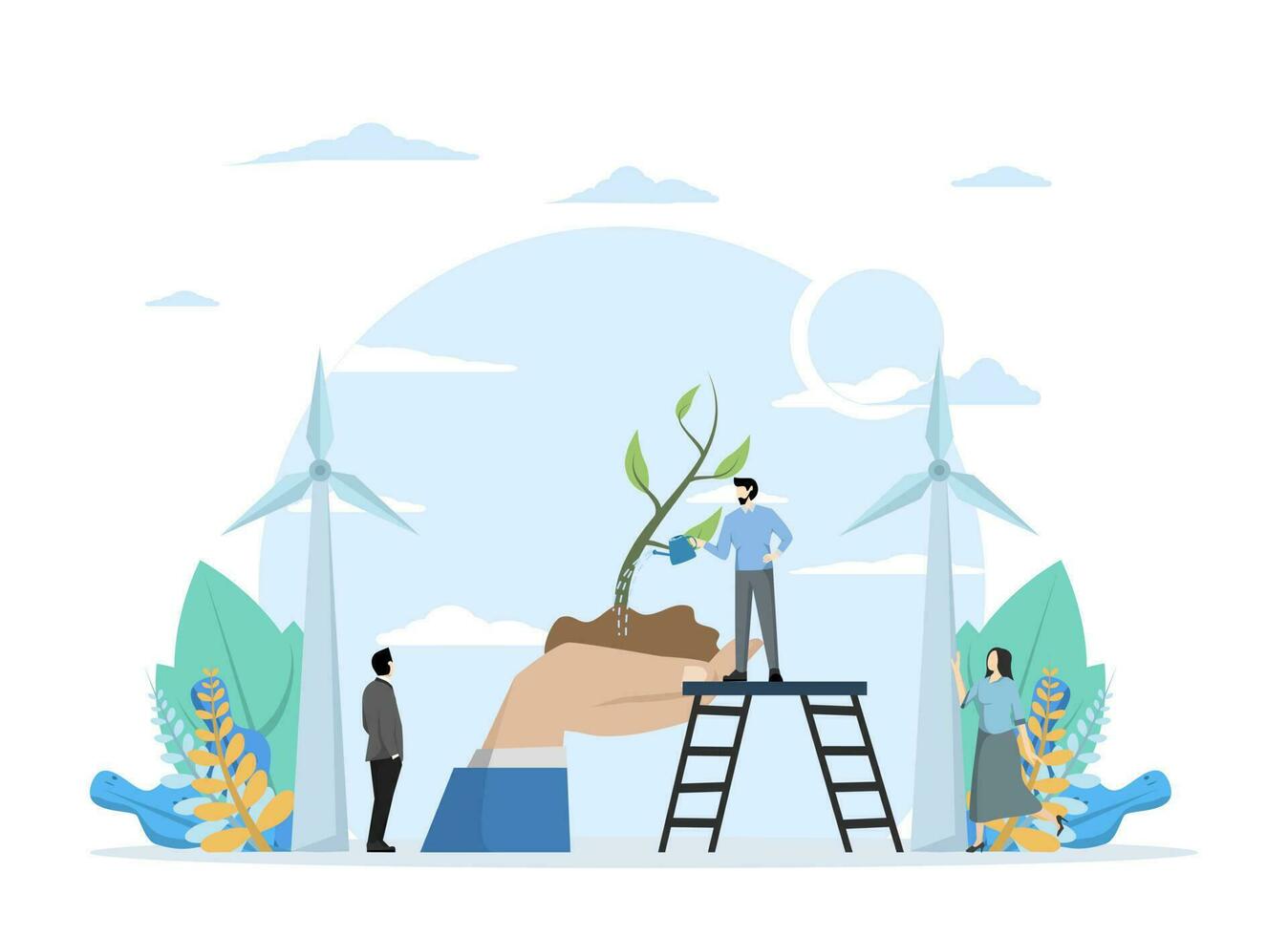 de concept van groen schoon energie, tonen de karakter van gebruik makend van groen energie, hernieuwbaar energie vervangt fossiel energie. geschikt voor landen Pagina's, ui, web, apps en meer. vector illustratie.