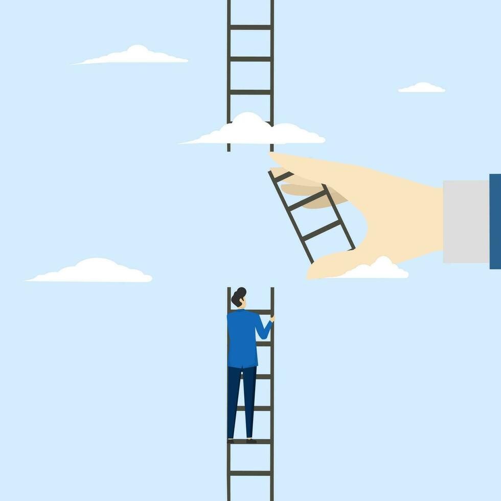 bedrijf ondersteuning naar bereiken carrière doelwit of helpen naar beklimmen ladder succes concept, helpen hand, zakenman beklimming naar top van gebroken ladder met groot helpen hand- naar aansluiten naar bereiken hoger. vector