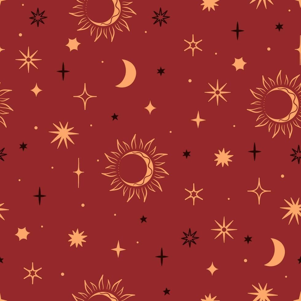 naadloos patroon in boho stijl met sterren en manen Aan een rood achtergrond. vector grafiek.