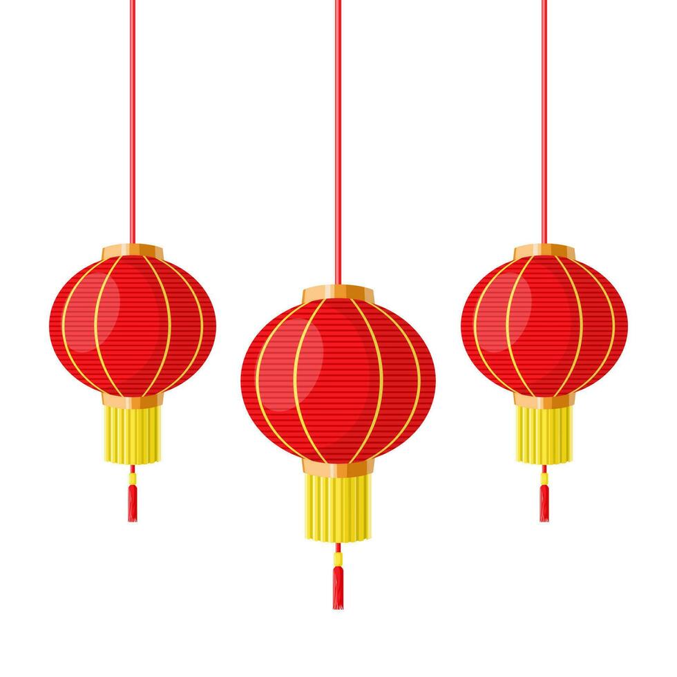 Chinese nieuw jaar lantaarns, traditioneel rood papier lantaarns, realistisch vector illustratie, 3d ontwerp, tekenfilm