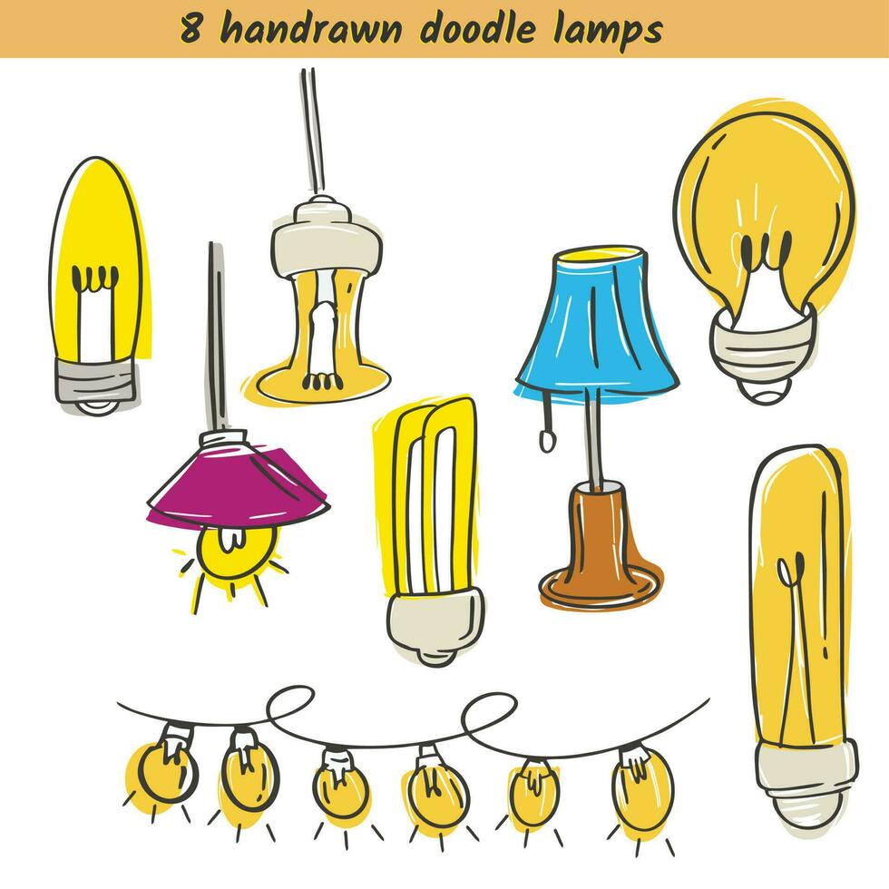 reeks van licht lamp tekening hand- getrokken schetsen stijl lampen retro stijl. lampen concept van bedrijf idee, elektrisch lamp gloeilamp met lijn kromme vector