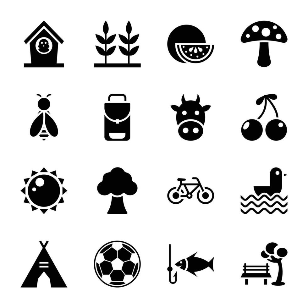 natuur en picknick glyph pictogrammen vector