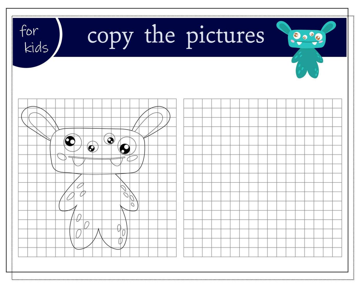 kopiëren een afbeelding, een leerzaam spel voor kinderen, een tekenfilm monster, een buitenaards wezen in een vliegend schotel. vector illustratie Aan een wit achtergrond