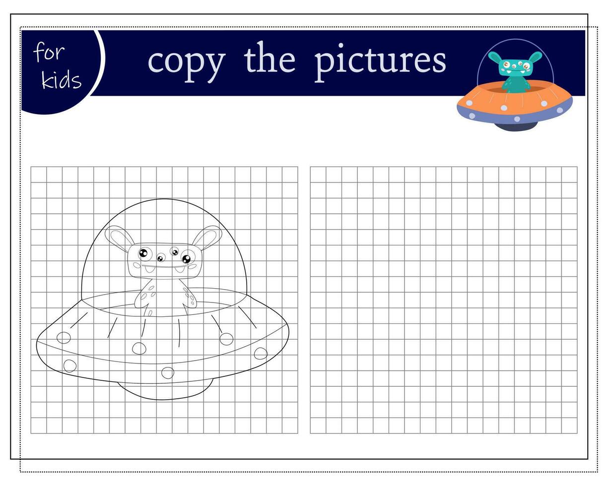 kopiëren een afbeelding, een leerzaam spel voor kinderen, een tekenfilm monster, een buitenaards wezen in een vliegend schotel. vector illustratie Aan een wit achtergrond