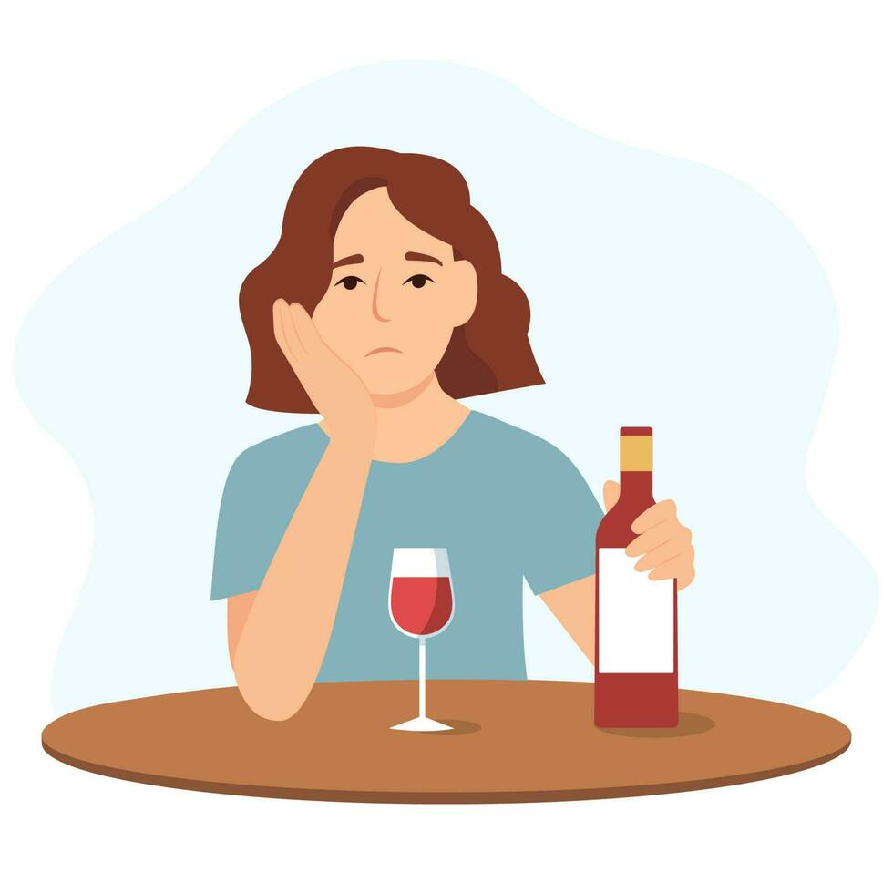 verdrietig meisje is zittend Bij de tafel en drinken alcohol. depressie, spanning. alcohol verslaving, schadelijk gewoonte. vector illustratie