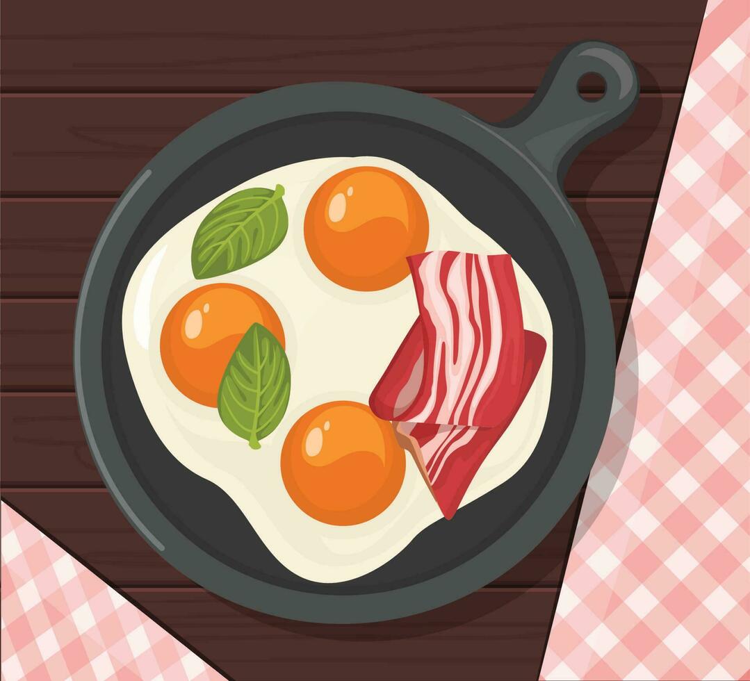 gebakken eieren Aan een frituren pan met spek en groen basilicum bladeren. kleurrijk ontbijt illustratie. tekenfilm vector grafiek.