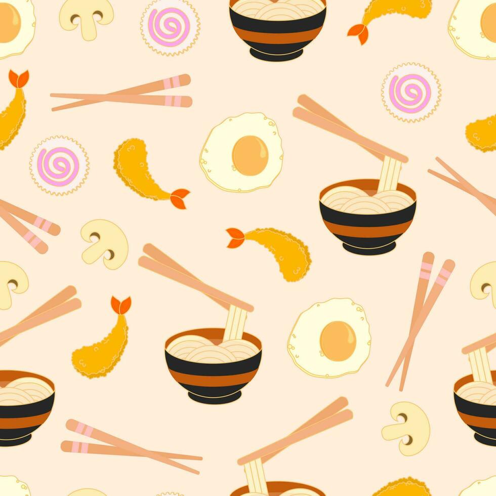 naadloos patroon van ramen met eetstokjes en andere kruiderij, ei, paddestoel, vis taart, en ebby furai voor restaurant achtergrond vector