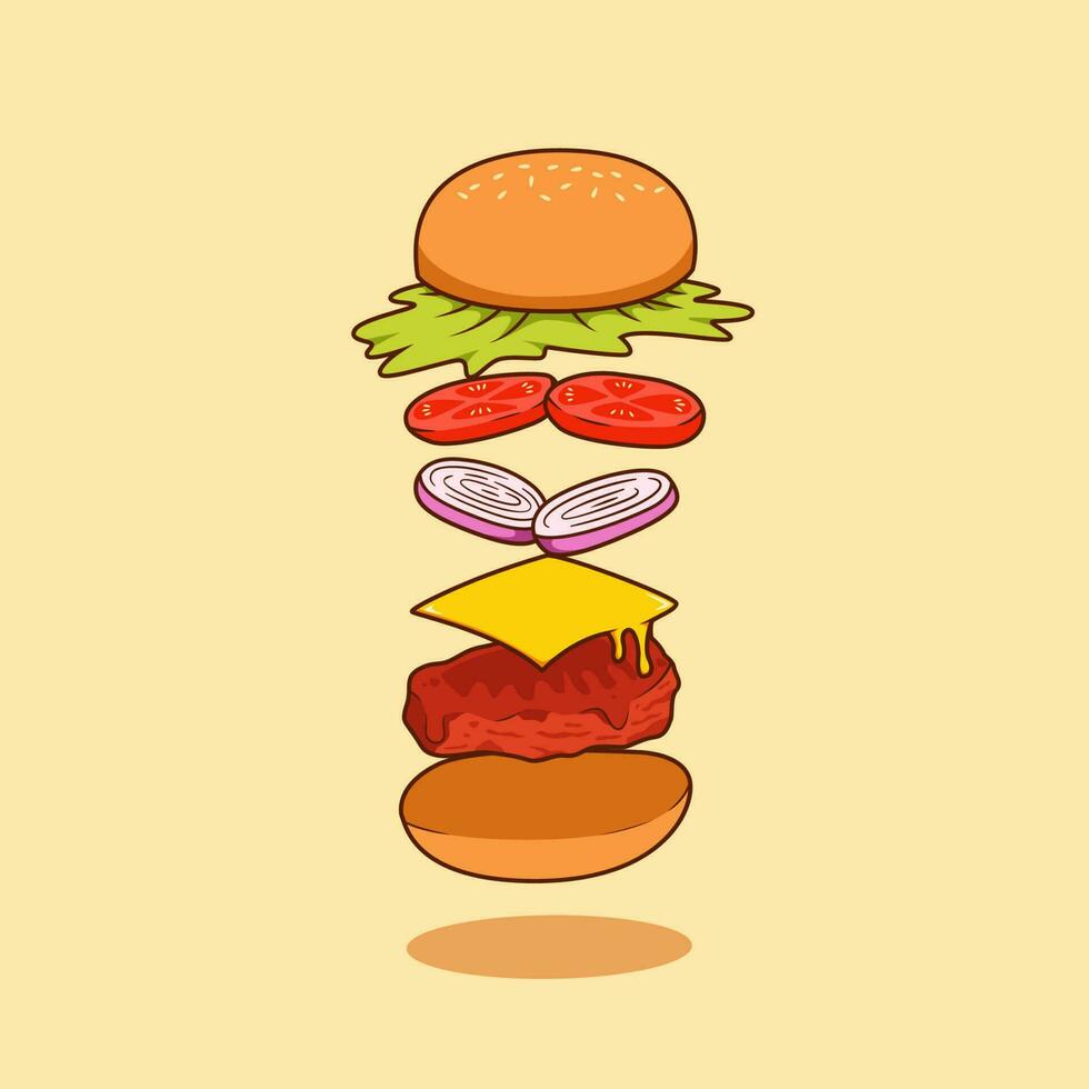 drijvend en vliegend ingrediënt van hamburger vector illustratie met rundvlees vlees, kaas vel, ui plak, tomaat, sla en bun brood belegd broodje in geschetst tekenfilm stijl illustratie