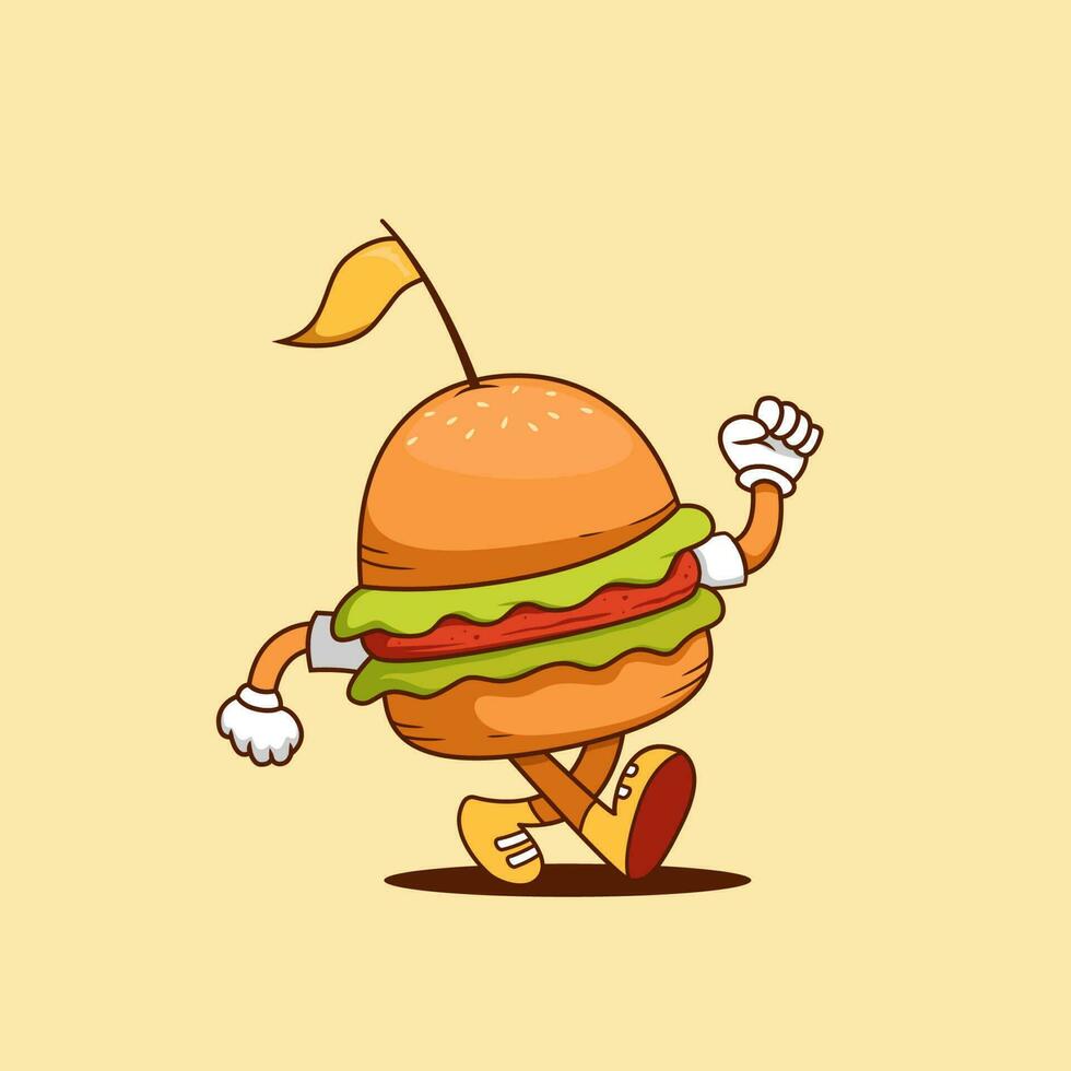 wandelen hamburger tekenfilm illustratie, retro hamburger tekenfilm mascotte vector illustratie in wandelen houding gelukkig