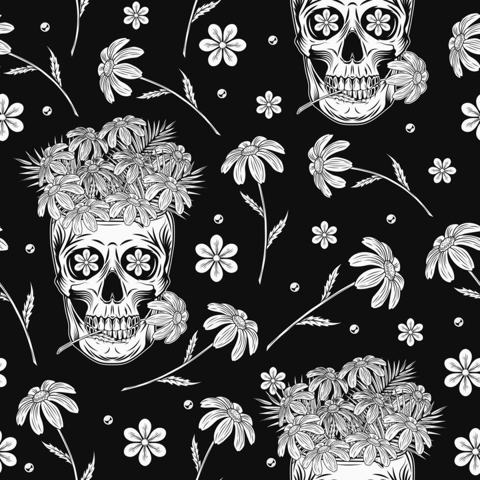 patroon met kamille, menselijk schedel Leuk vinden kop vol van bloemen Aan zwart achtergrond. schedel Holding bloem tussen tanden. groovy hippie retro stijl voor kleding, textiel, t-shirts ontwerp vector