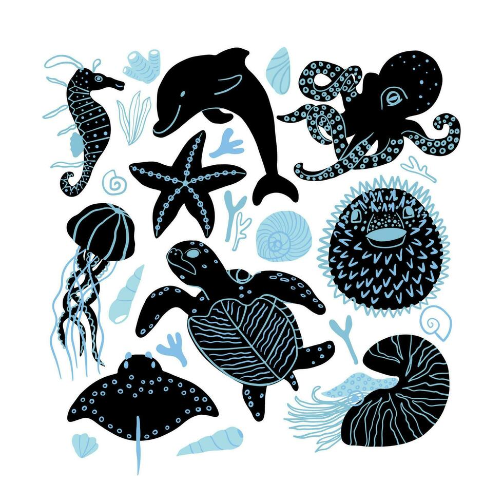 reeks van schattig tekenfilm zee dieren. oceaan leven vector illustratie geïsoleerd Aan wit achtergrond.