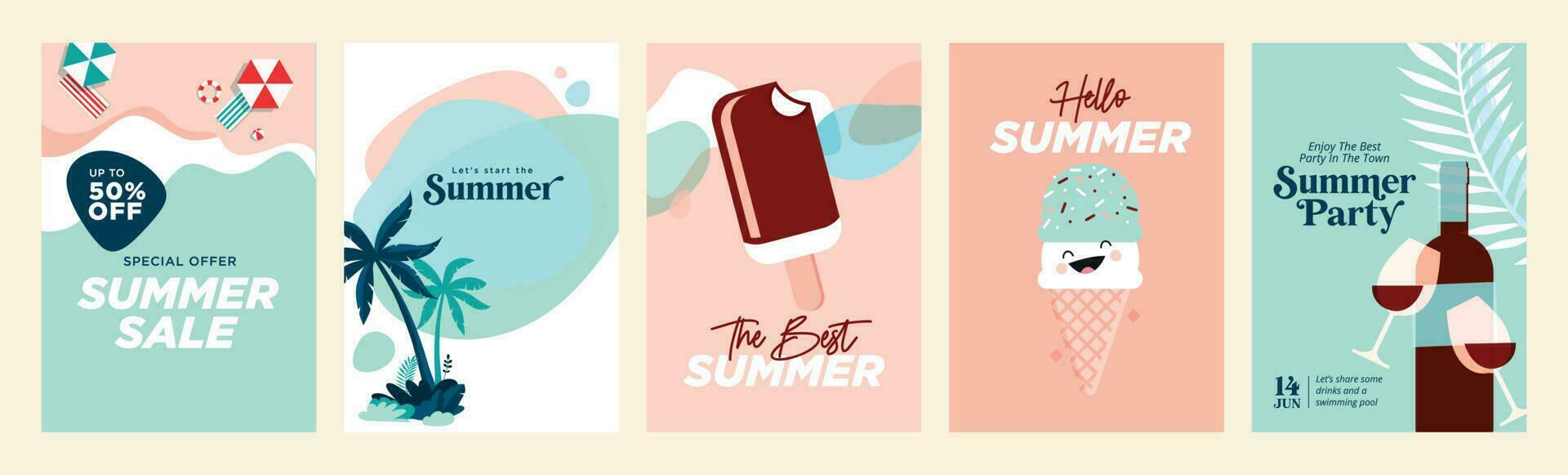 zomer uitverkoop banners en affiches. reeks van vector illustraties voor web en sociaal media spandoeken, afdrukken materiaal, nieuwsbrief ontwerpen, bonnen, marketing.