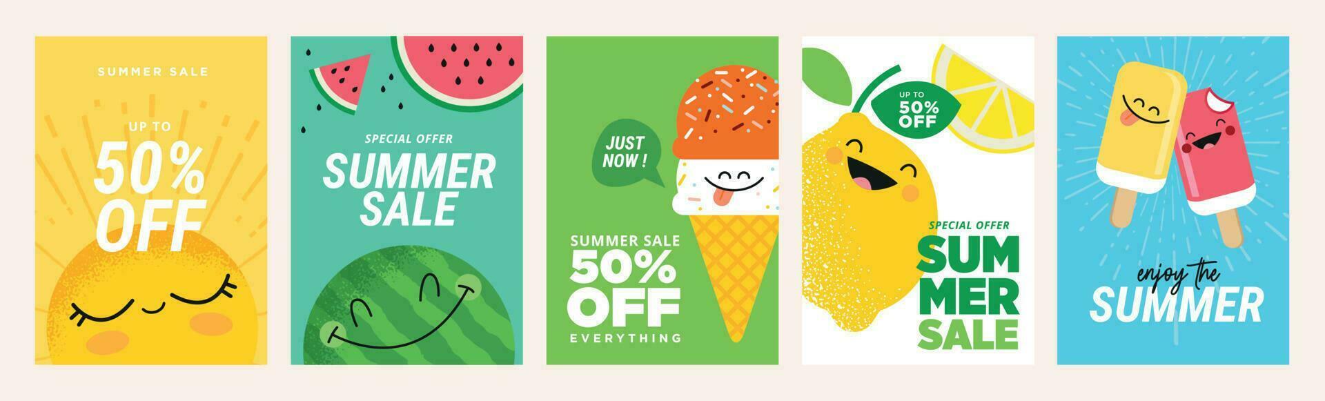 zomer uitverkoop banners en affiches. reeks van vector illustraties voor web en sociaal media spandoeken, afdrukken materiaal, nieuwsbrief ontwerpen, bonnen, marketing.