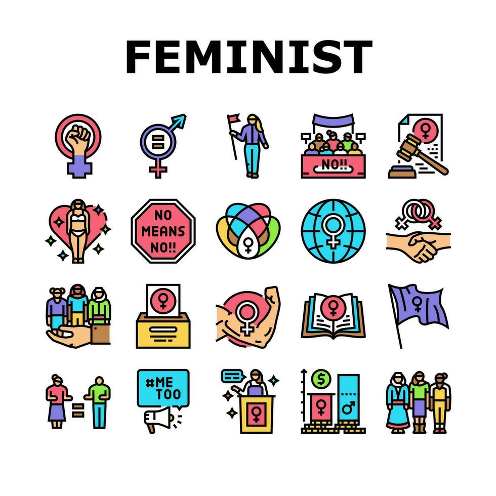 meisje feminisme vrouw vrouw macht pictogrammen reeks vector