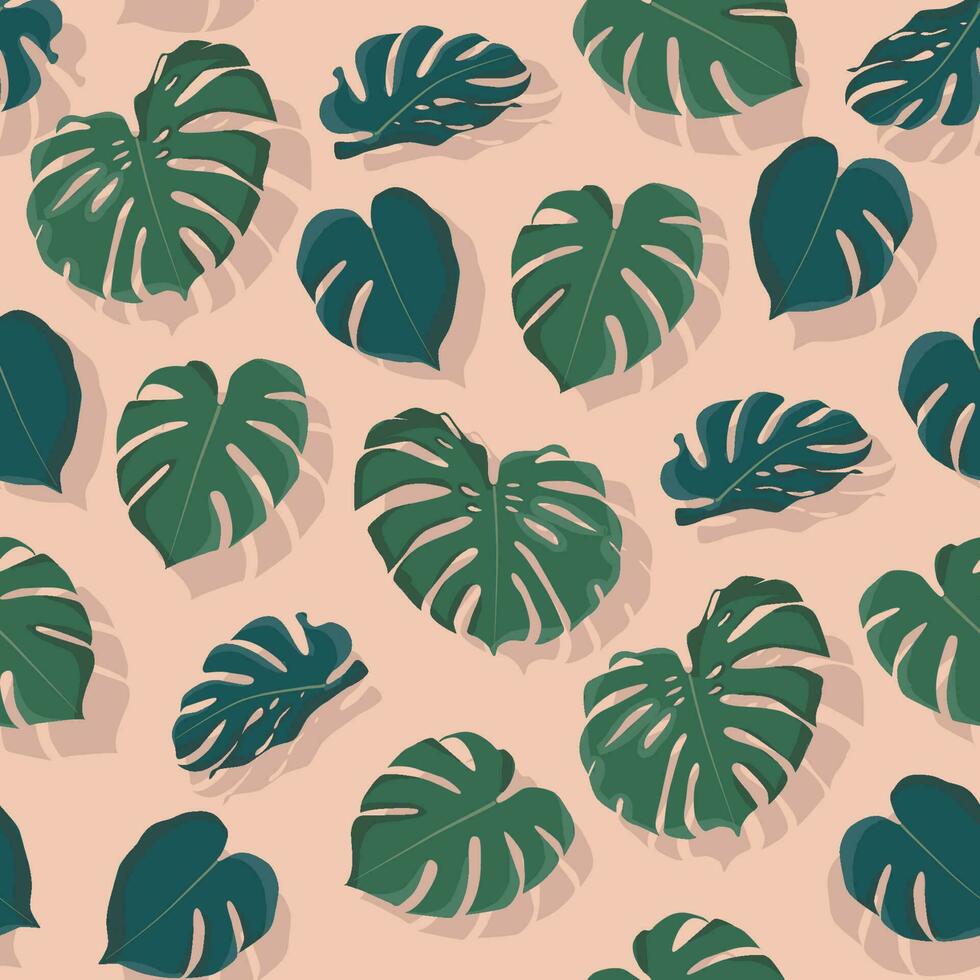 monstera bladeren silhouet met schaduwen patroon Aan modieus koraal achtergrond. vlak illustratie stijl voor omhulsel papier, behang, kleding stof, textiel vector