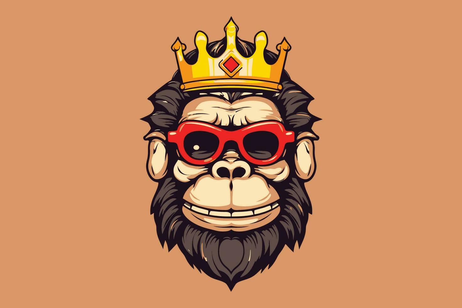 koning Kong aap met glimlach vervelend bril of googles en een kroon mascotte logo vector sublimatie ontwerp