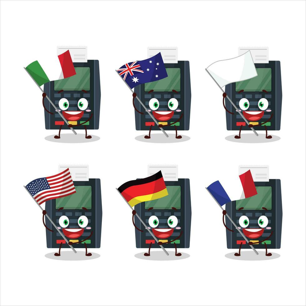 terminal bank kaart tekenfilm karakter brengen de vlaggen van divers landen vector
