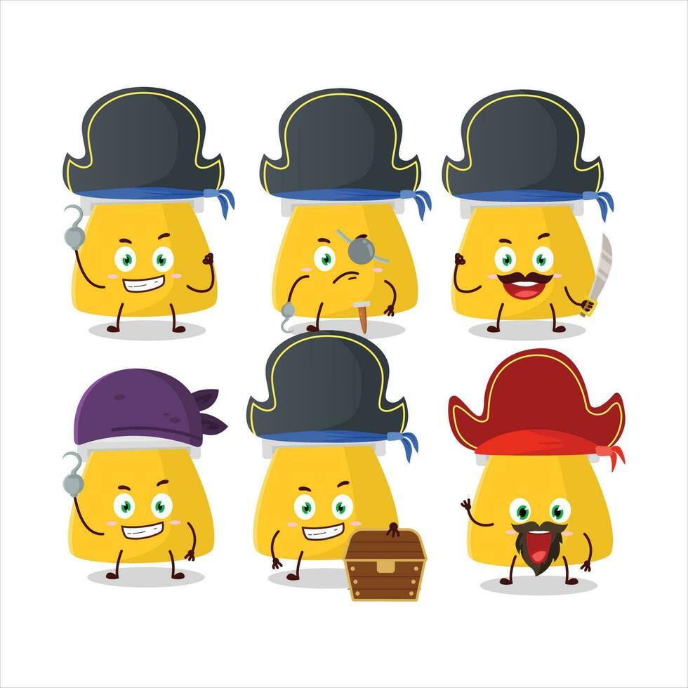 tekenfilm karakter van munt handtas met divers piraten emoticons vector