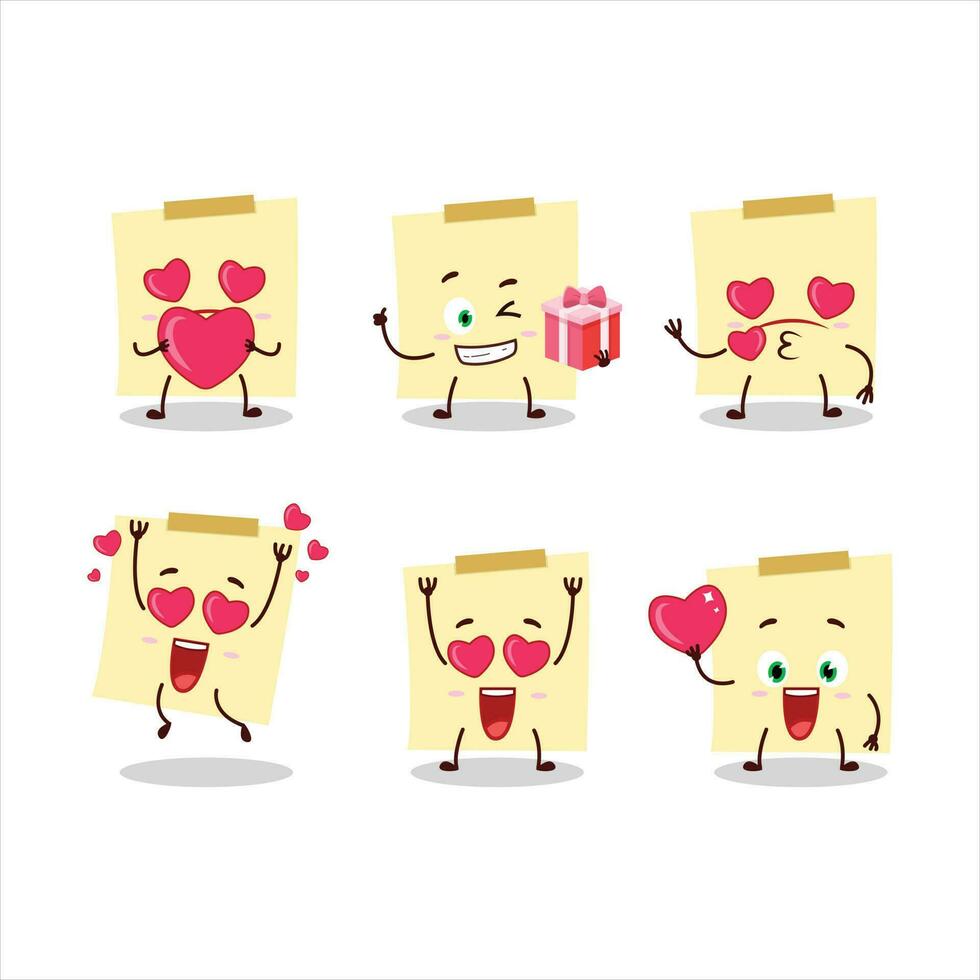 pale geel kleverig aantekeningen tekenfilm karakter met liefde schattig emoticon vector