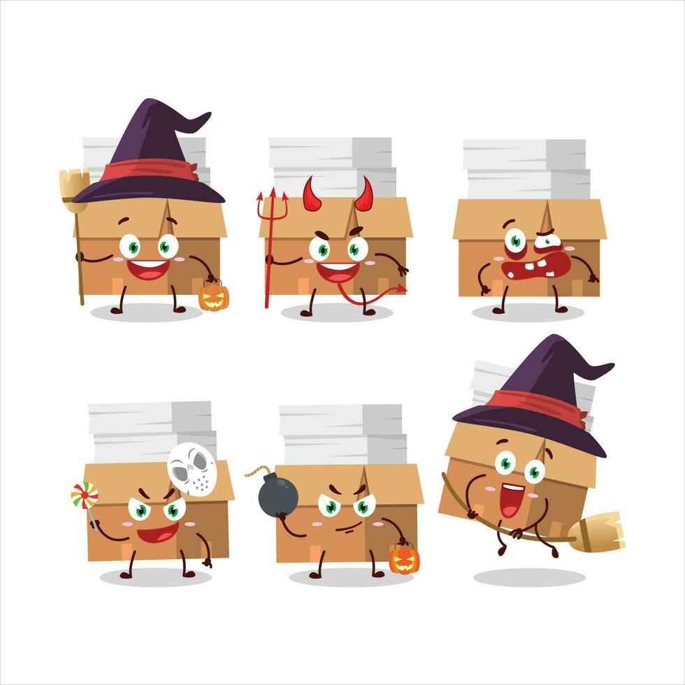 halloween uitdrukking emoticons met tekenfilm karakter van kantoor dozen met papier vector